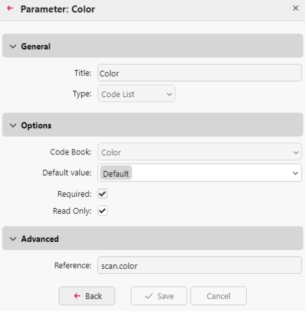 Parameter properties panel