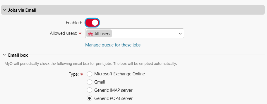 Printing from email settings