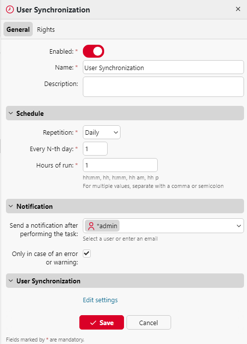 User Synchronization task schedule properties