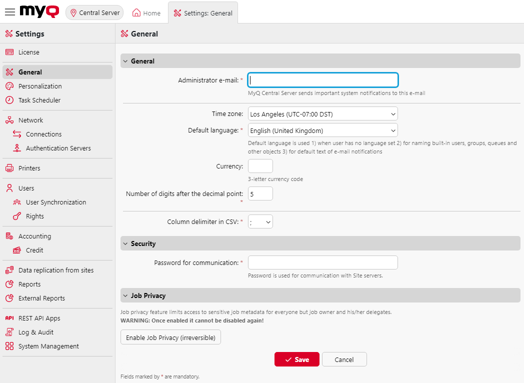 General settings tab