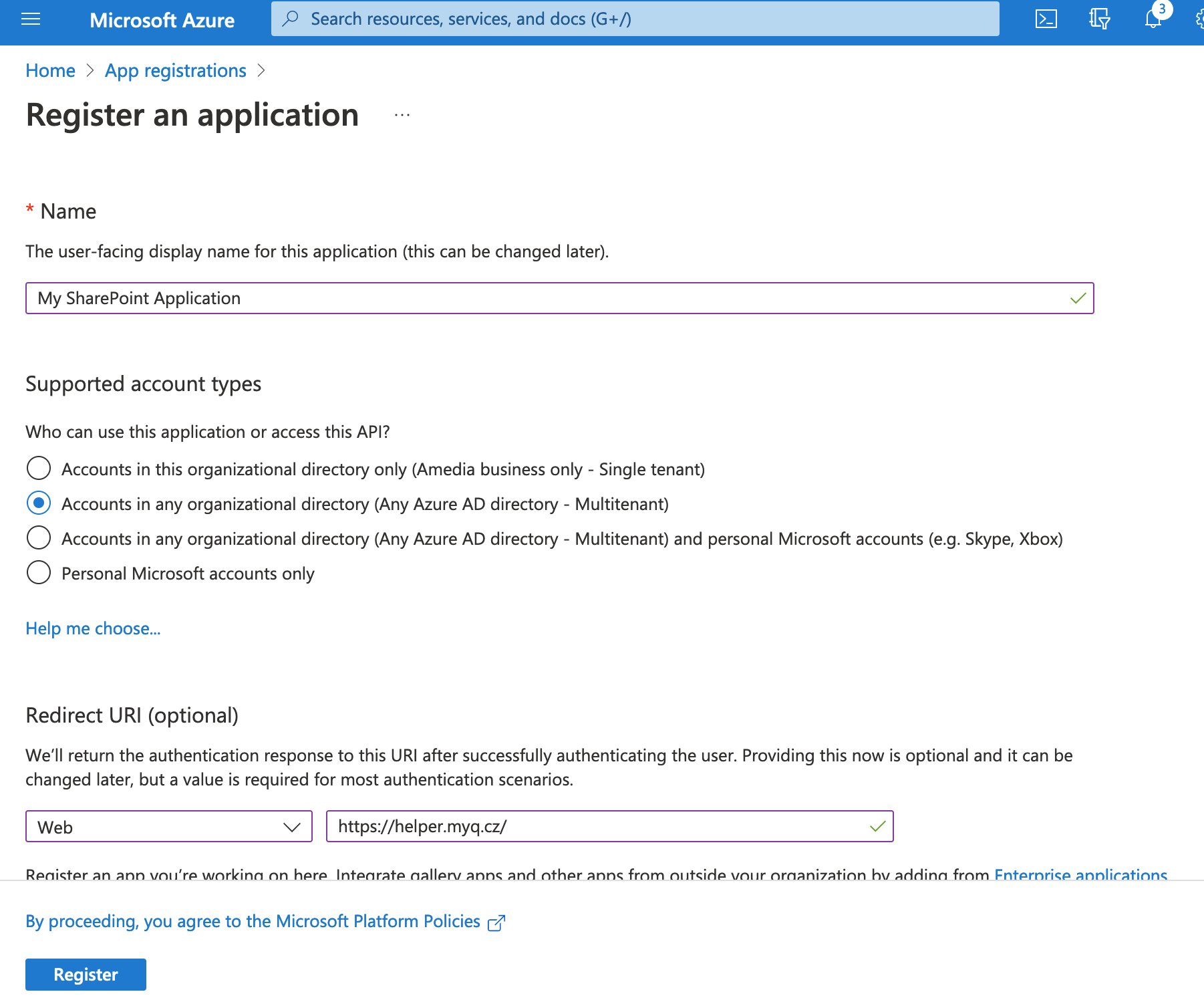 Registering a sharepoint app in azure