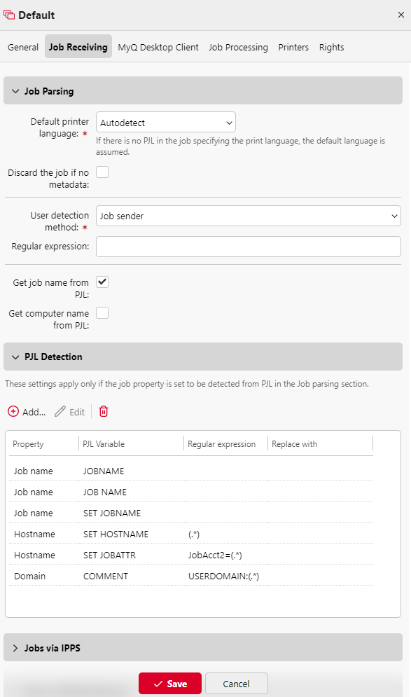 Job Receiving settings