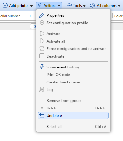Undeleting a printer