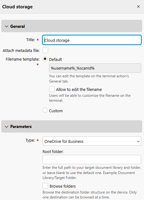 Scan terminal action with destination OneDrive for Business