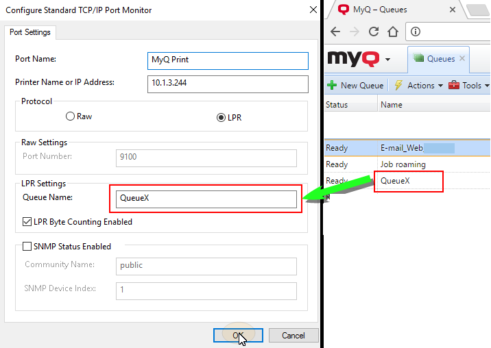 Configure Standard TCP or IP Port Monitor - queue name settings