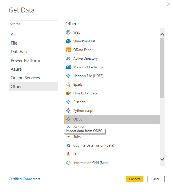 Connecting the ODBC database