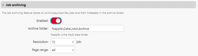 Jobs archiving settings