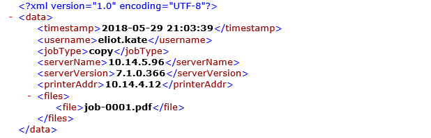 The job's data shown in the XML file