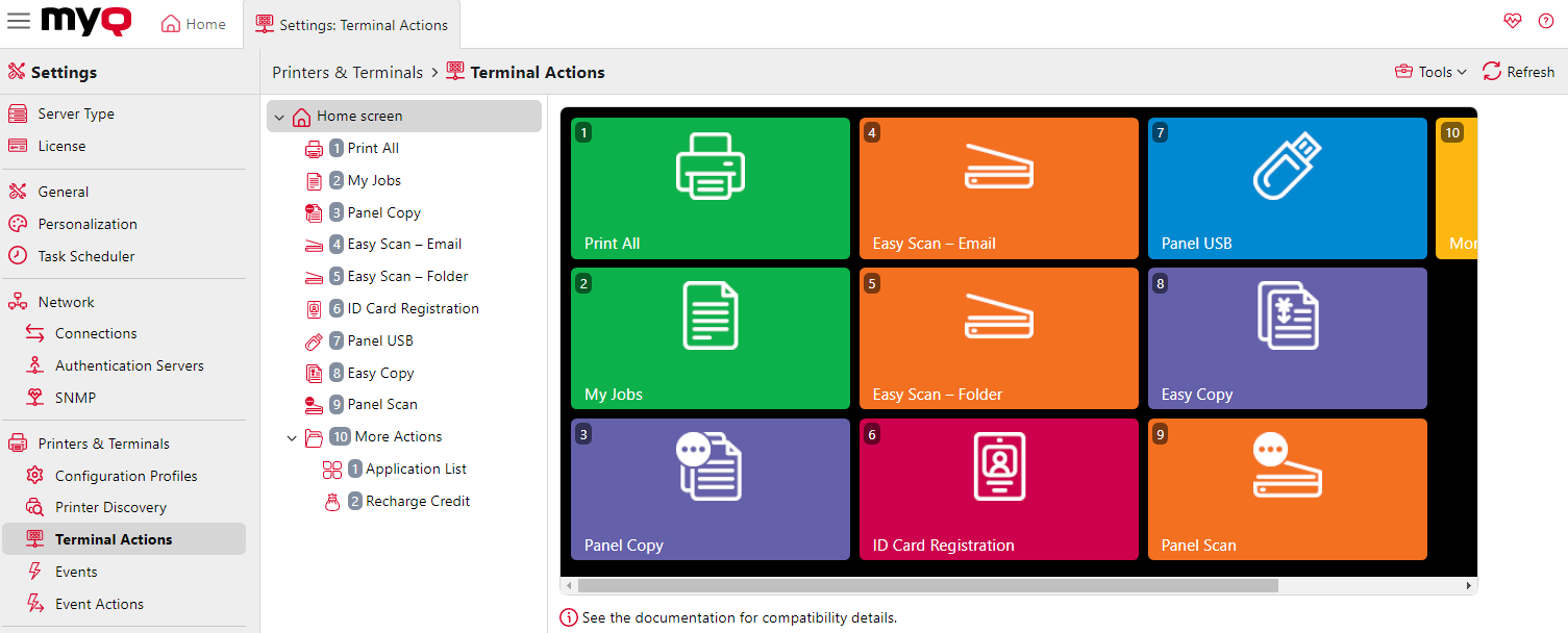 Terminal actions settings tab