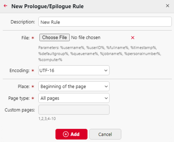 Prologue-epilogue rule settings