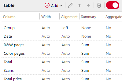 Table layout setting on the Design sub-tab