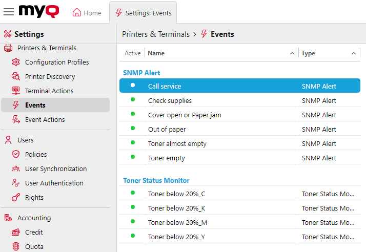 Printer Events settings tab