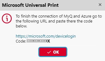 Pop-up with the MS Universal Print code