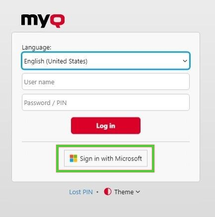 MyQ login screen with the Sign in with Microsoft option visible