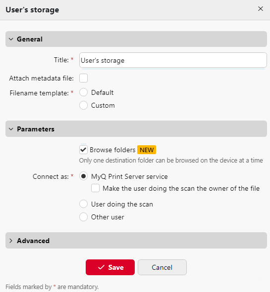 Scan to User's storage settings