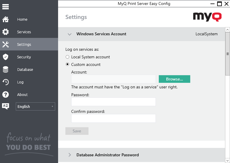 Windows services account in MyQ Easy Config