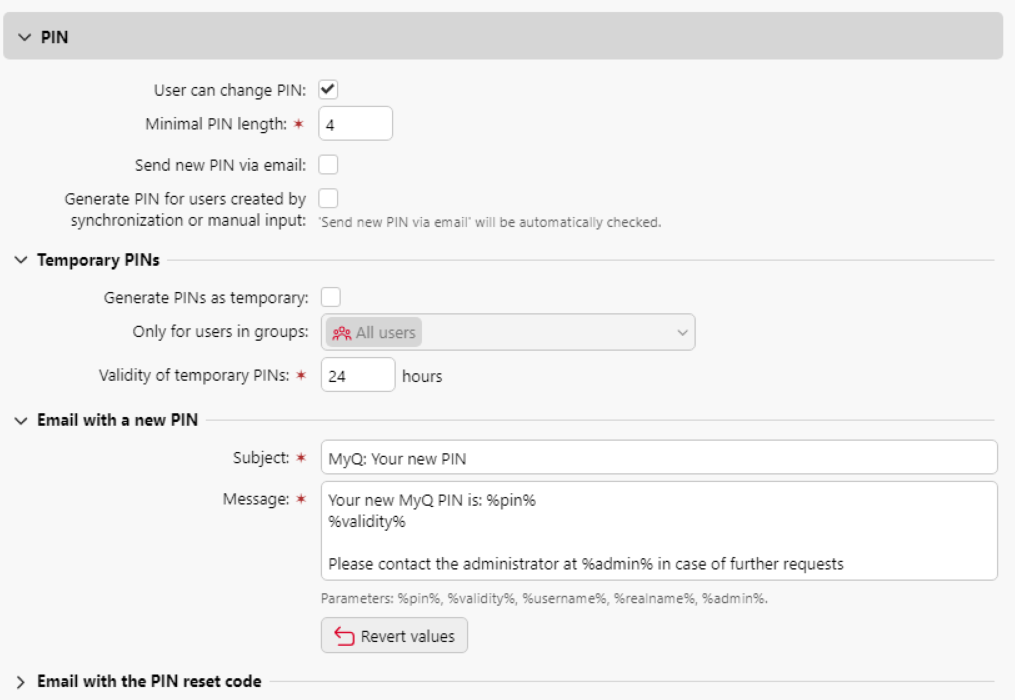 PIN settings