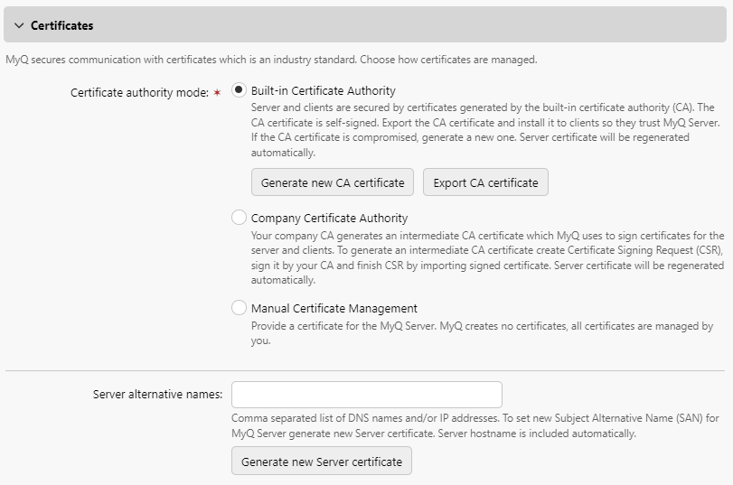 Certificates management menu