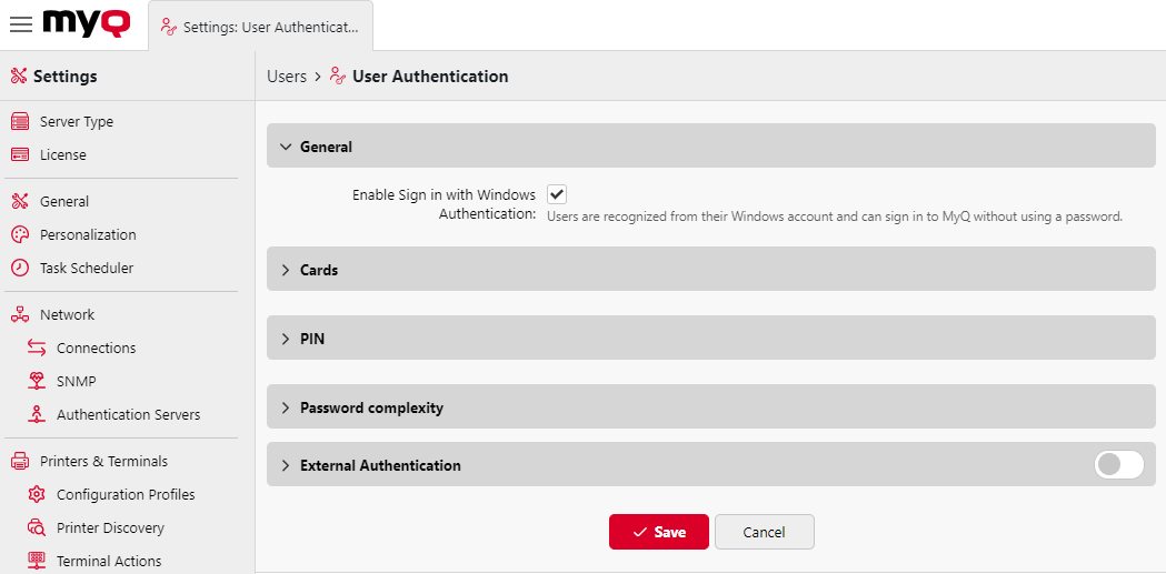 MyQ user authentication settings