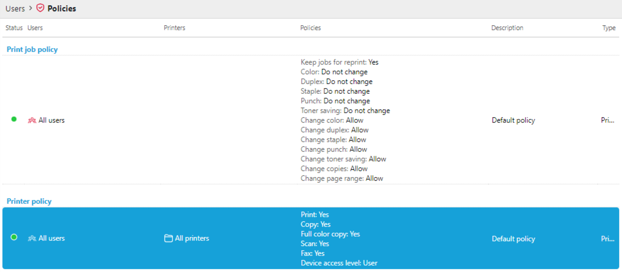 Policies settings tab