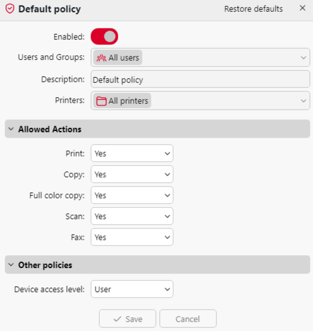 Default printer policy properties