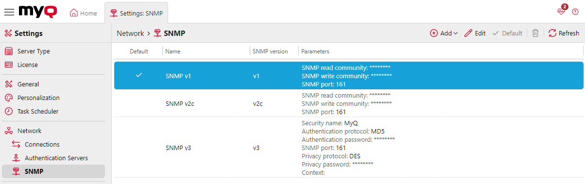 SNMP settings tab
