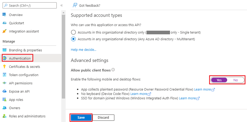 MS Exchange Online authentication settings