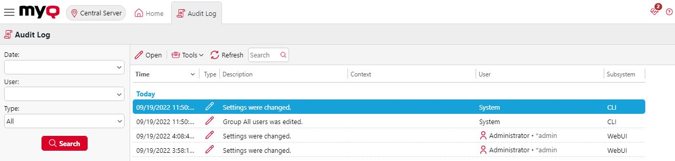 MyQ Central Server Audit Log