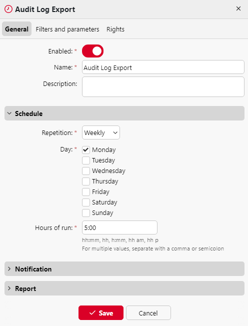 Audit Log Export properties