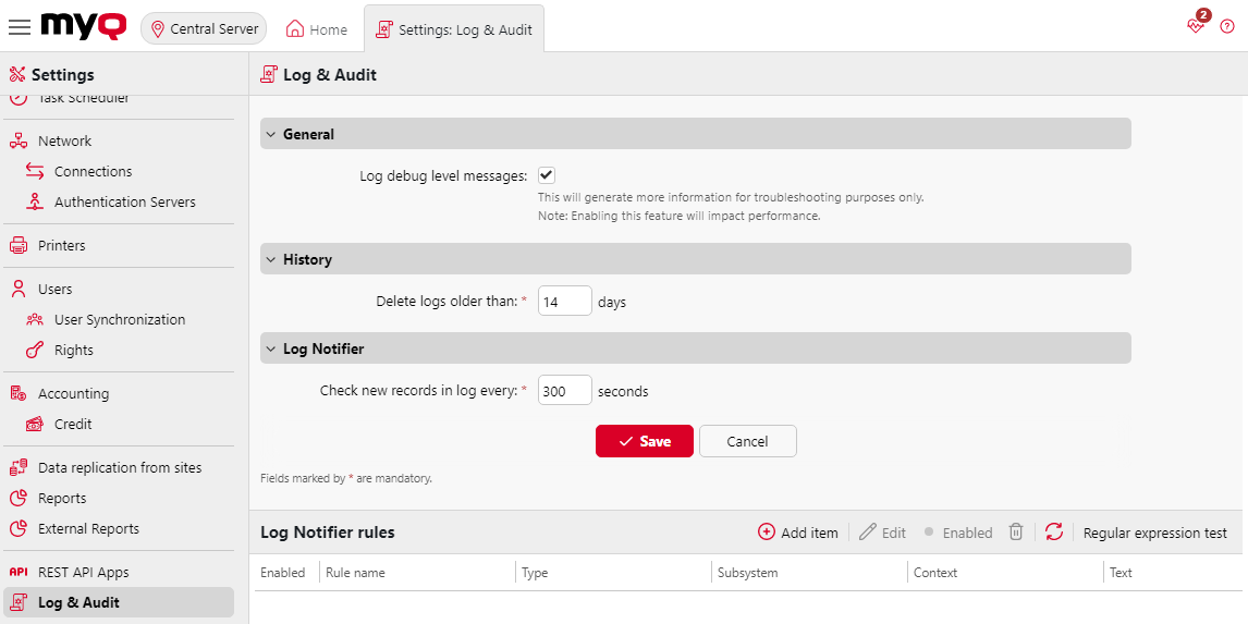 Log and Audit settings tab