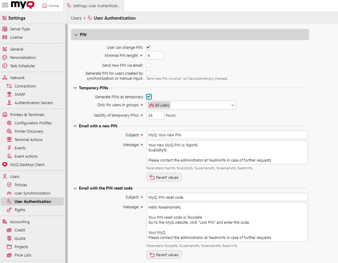 MyQ Central Server User authentication settings