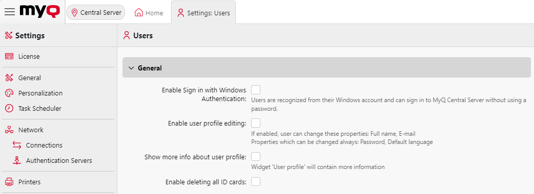 MyQ Central Server Users settings