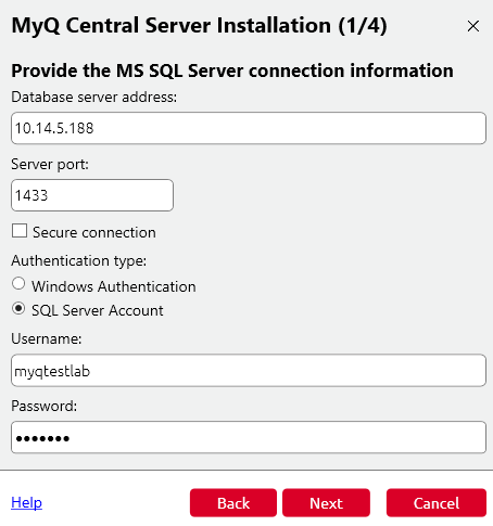 MyQ Central Server Installation settings