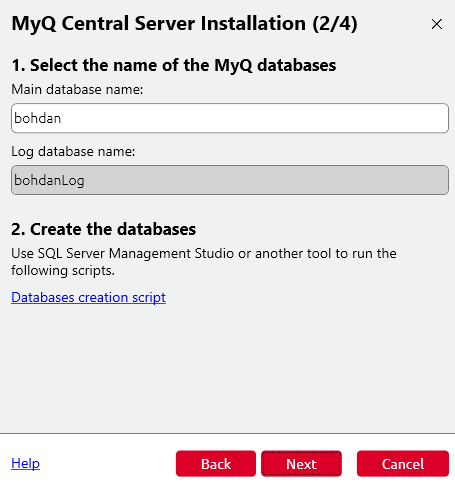 MyQ Central Server Installation settings - setting up a name for the database