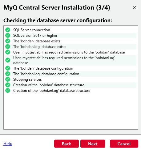 MyQ Central Server Installation - checking the database server configuration