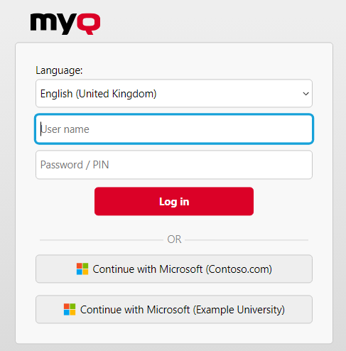 MyQ login screen with the option Continue with Microsoft option visible