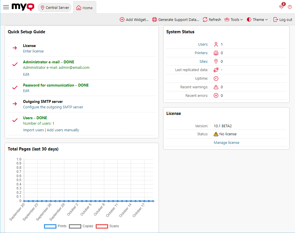 MyQ Central web administrator interface - Home dashboard