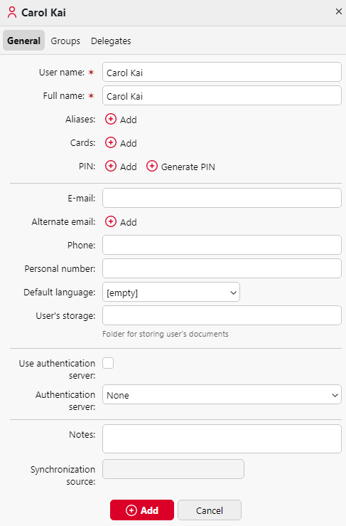 User properties panel