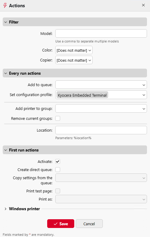 Printer Discovery actions settings