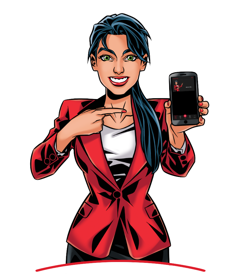 MyQ avatar holding a phone running the MyQ X application