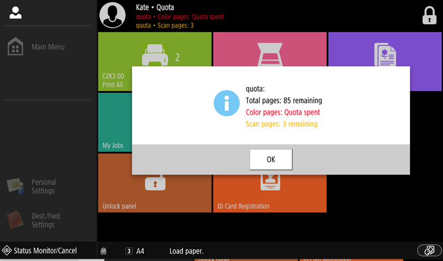 Quota displayed on the Canon Embedded Terminal 8.2