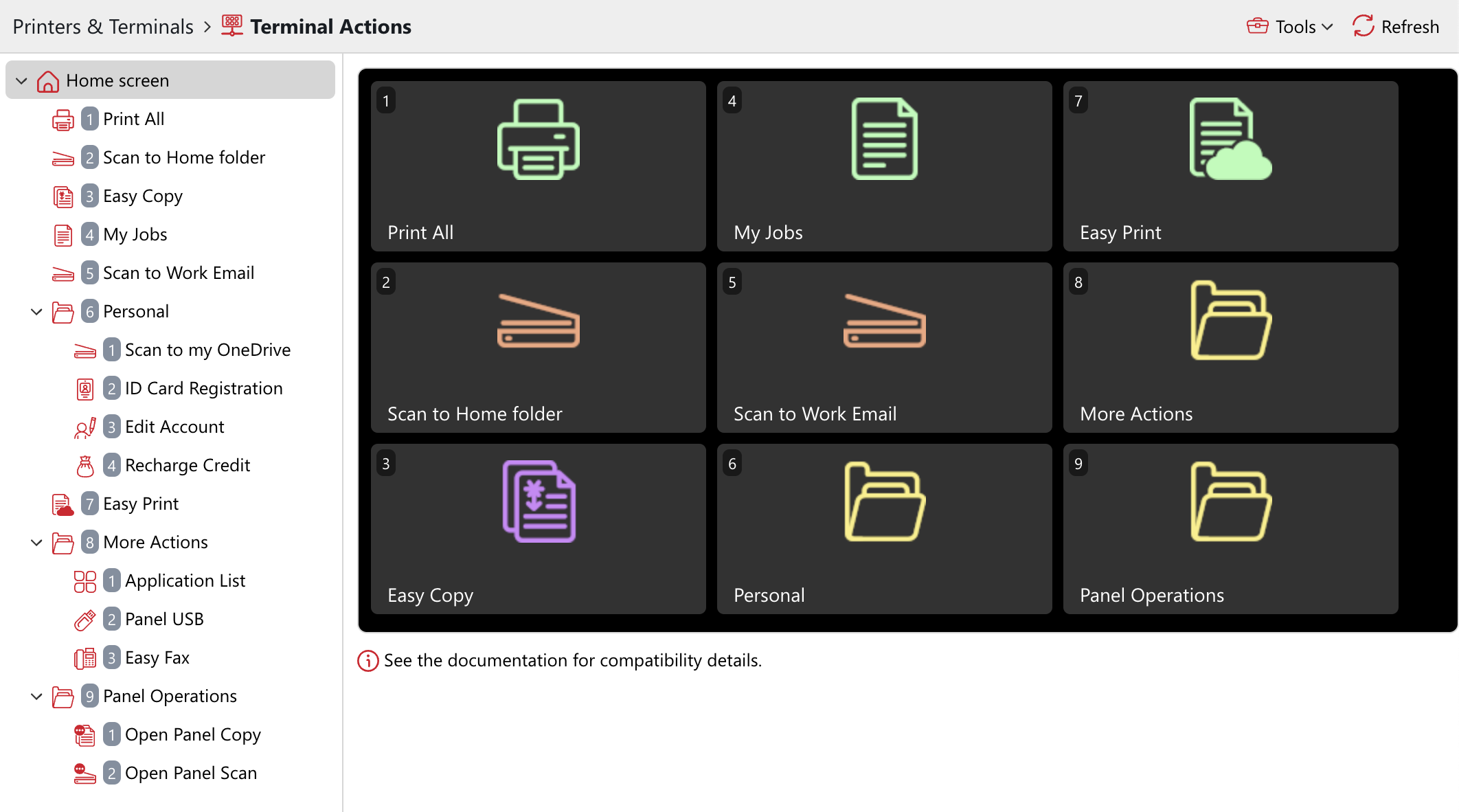 Example of Terminal Actions configuration in the MyQ Web Admin Interface, theme Colored Rays