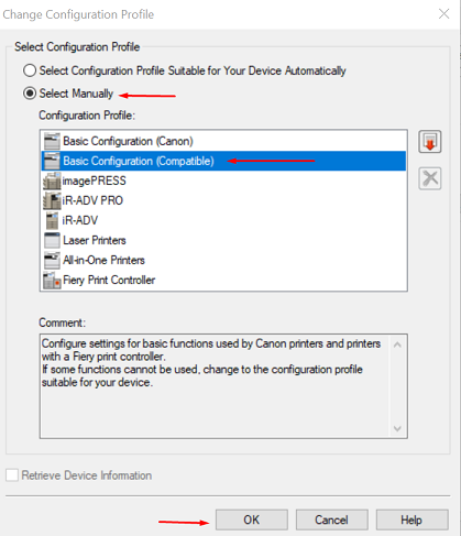 Canon printer properties - changing configuration profile