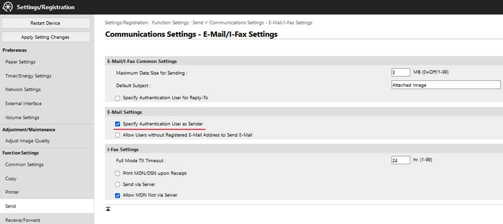 Specify authentication user as sender setting