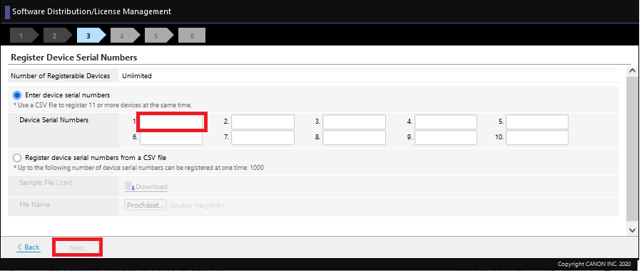 Enter device serial number