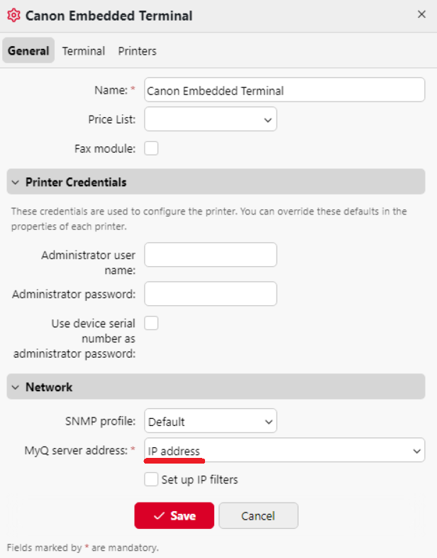 IP address as the MyQ server address in config profile
