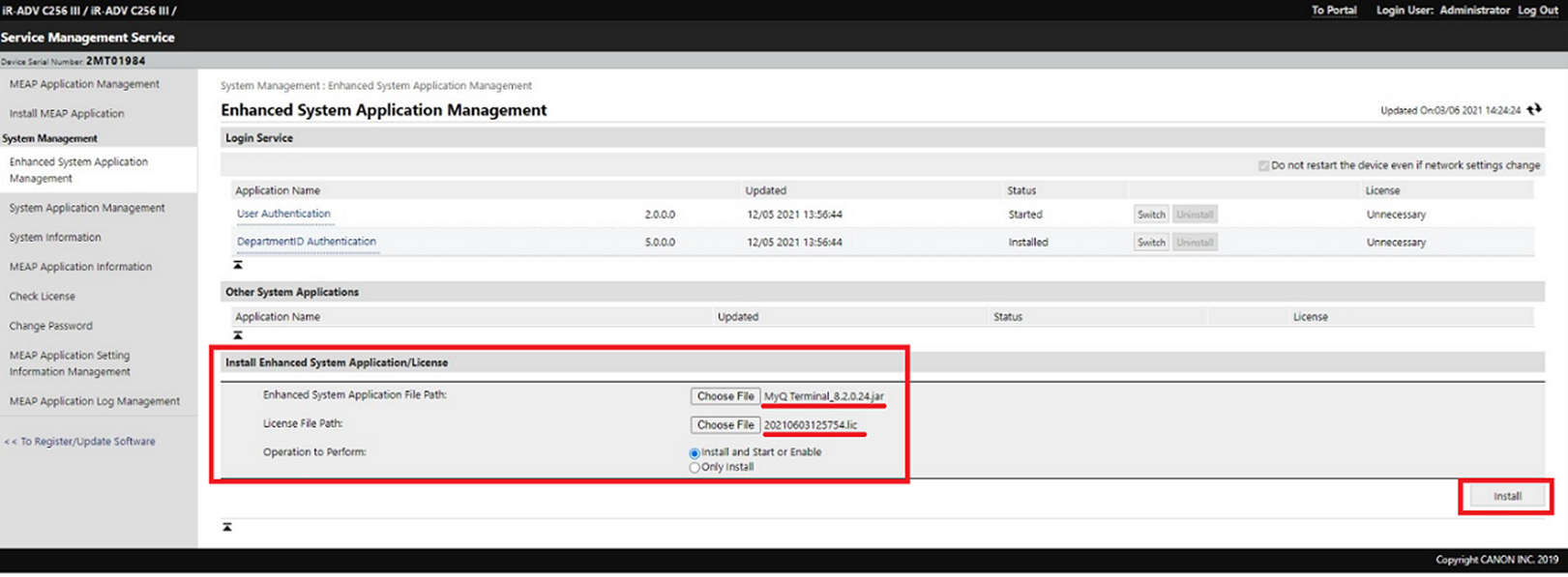 Install myq terminal and license on the device web ui