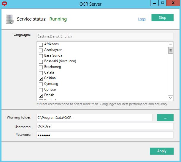 OCR Server configuration window