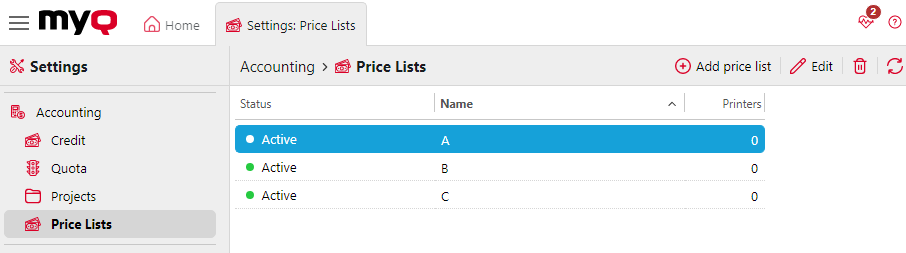 Price List settings tab