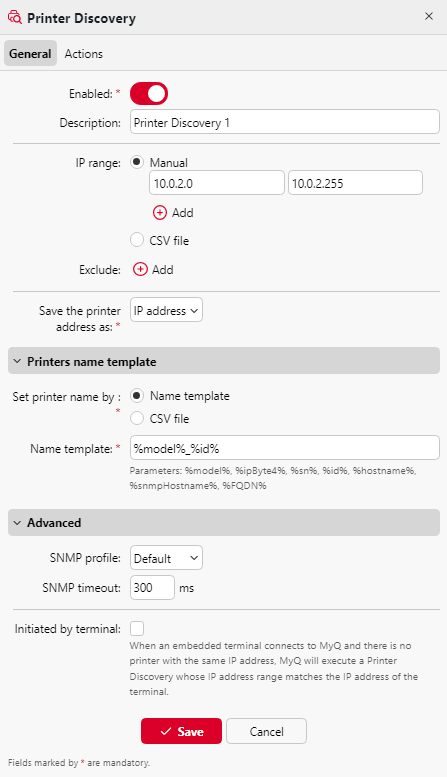 Printer discovery general tab properties